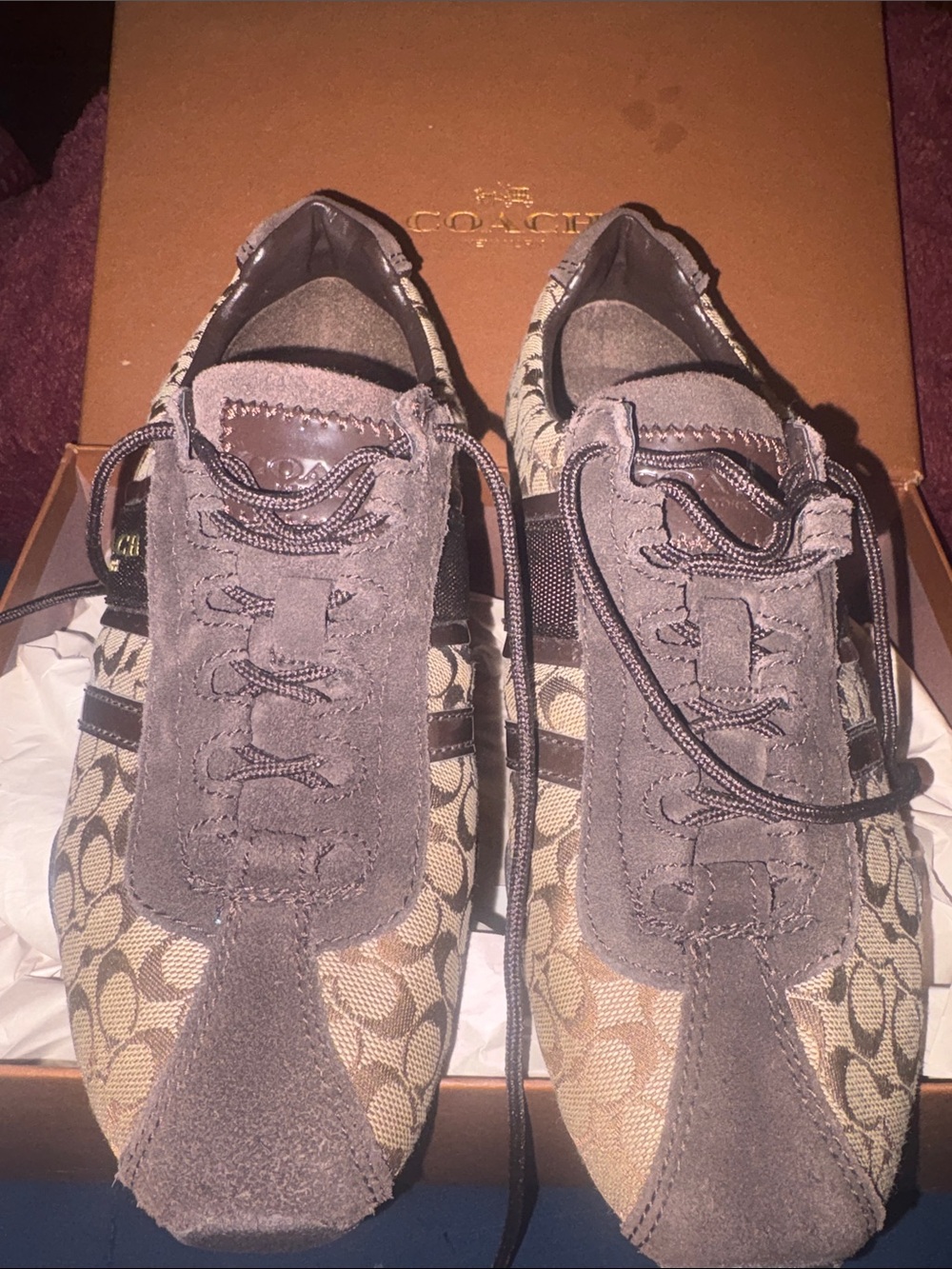 AUTHENTIC Coach Signature Jacquard Lace-Up Sneakers in Brown and Tan